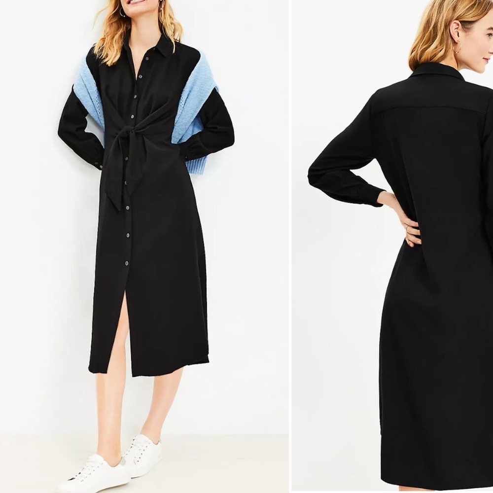 NWT LOFT Knot Front Midi Shirtdress Sz 14 Button Down Work Laganlook LBD Travel
